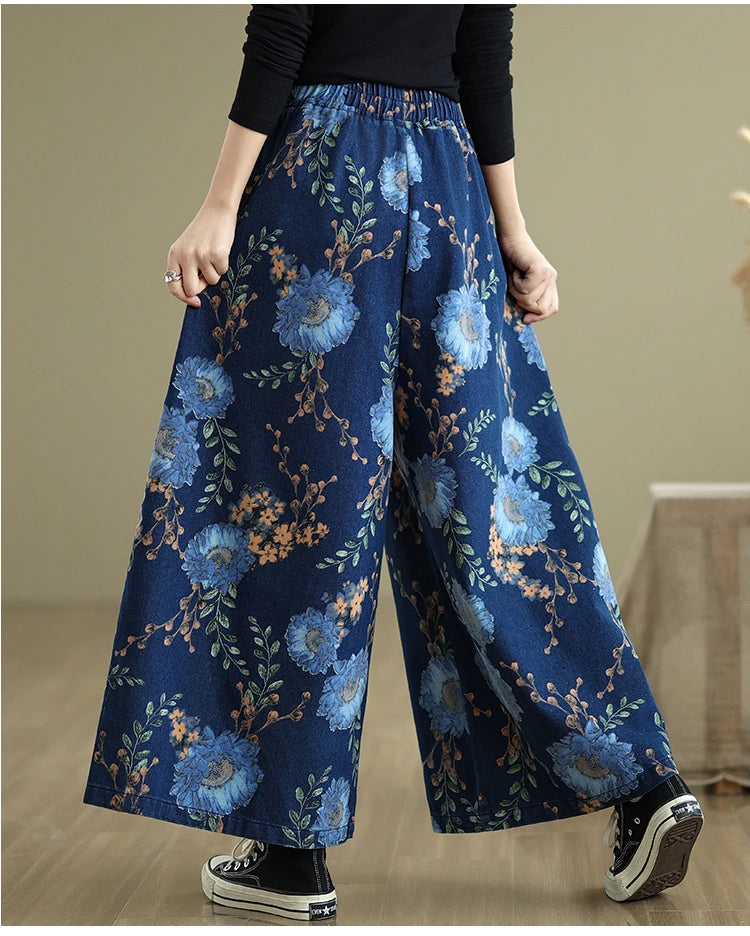 NYFS 2025 New Summer Vintage Print Woman Jeans Loose Plus size Trousers Elastic Waist Denim Wide Leg Pants