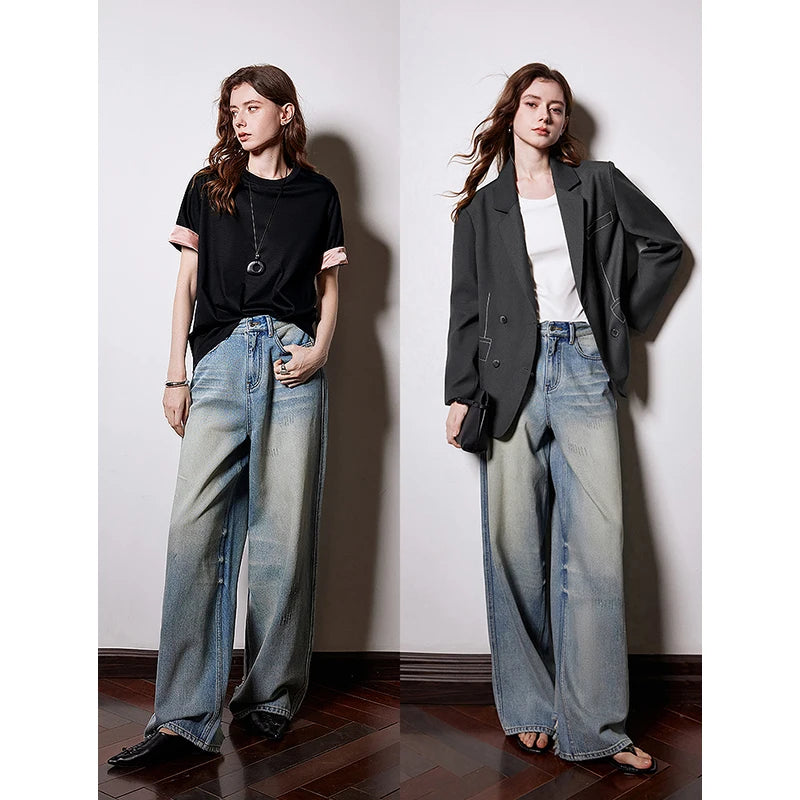 TOYOUTH Women Denim Jeans 2025 Spring New Mid Waist Wide Leg Straight Casual Long Pants