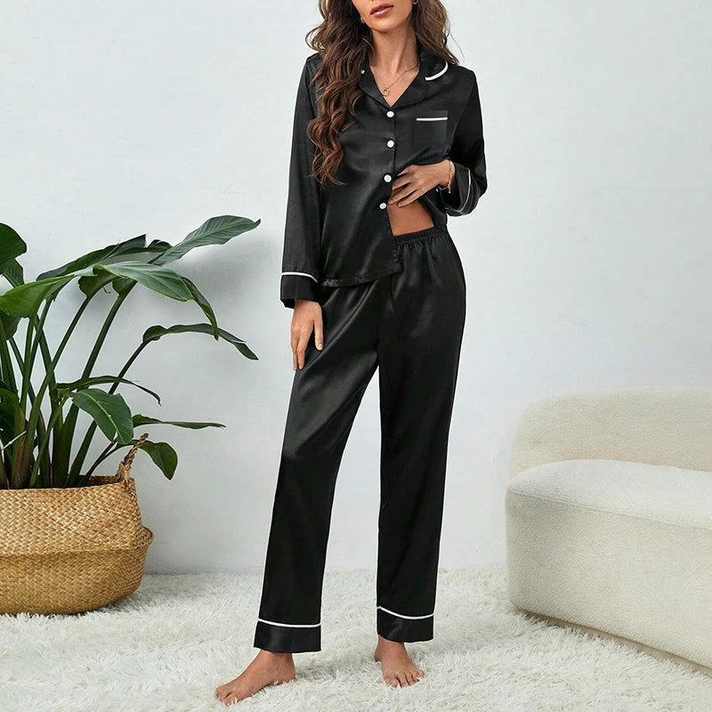 Spring Autumn pajama women Silk Satin pajamas set Long sleeve Shirt with Trouser Sleepwear Loungewear Female Pyjamas Suits Mujer