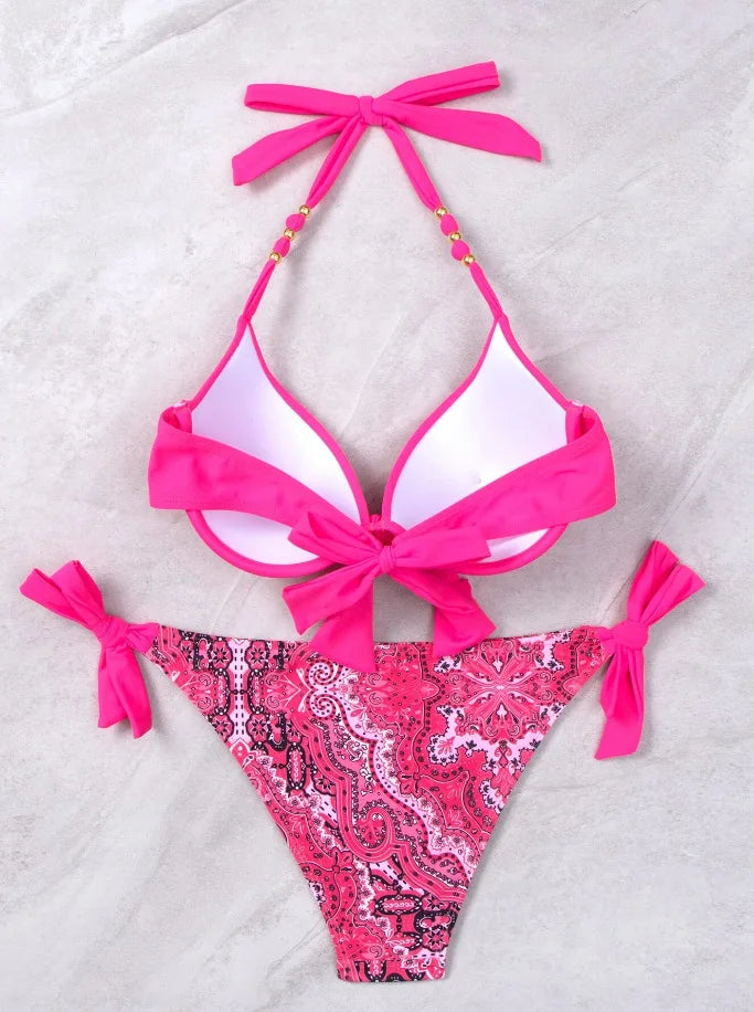 2026 Push Up Halter Bikini Printed Swimsuit Women Sexy Strappy Swimwear Female Bathers Bathing Swimming Swim Suit Beachwear