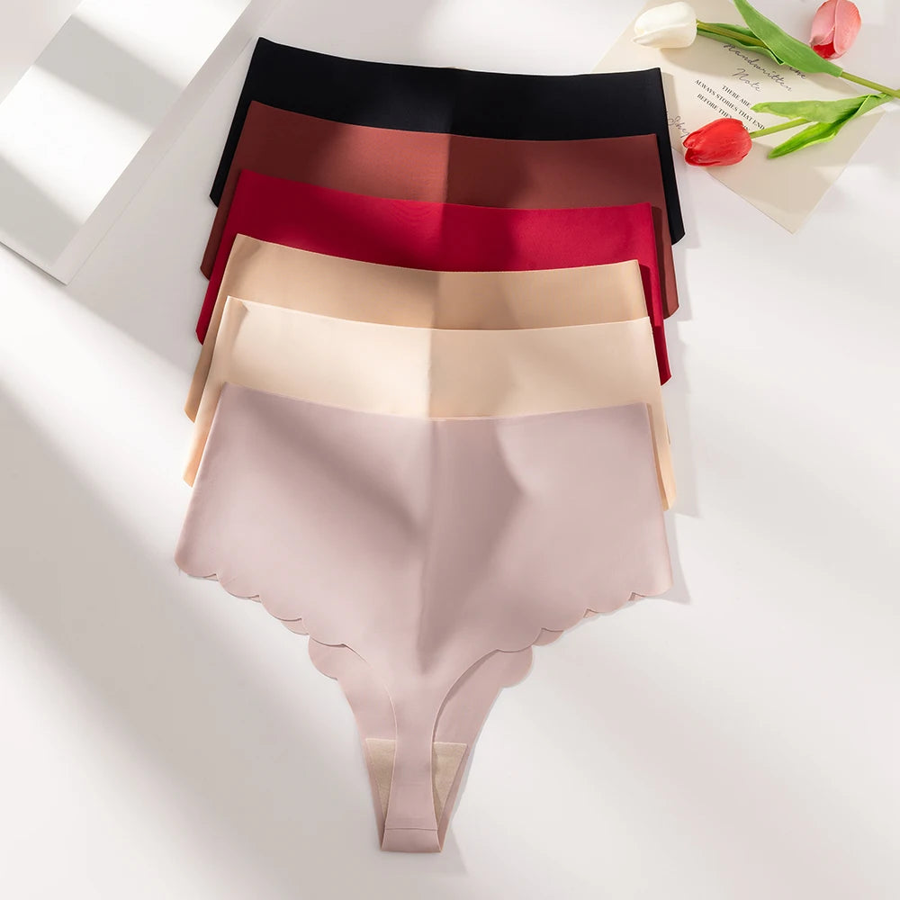 3Pcs/Set High-Waist Women's Panties Thongs Plain Slip Silk Wave Edged Fashion Seamless Female Underwear G-String for Ladies XS-L