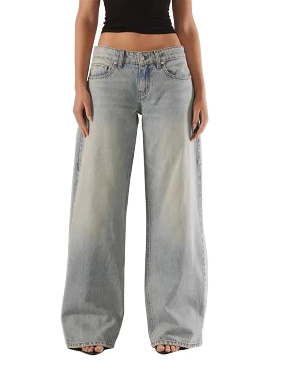 Women's Fall Jeans with Pockets Fashion Loose Fit Casual Solid Low Rise Wide Leg Denim Pants