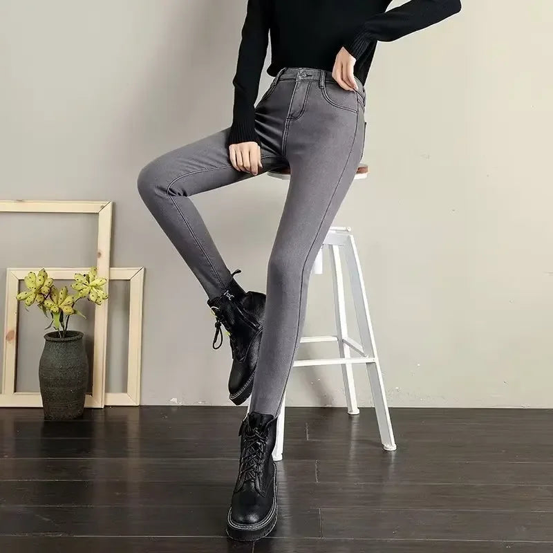 High Waist Fleece Lined Skinny Jeans Women's Autumn Winter New Style Pure Color Slimming Tight Fit Ankle Length Pants