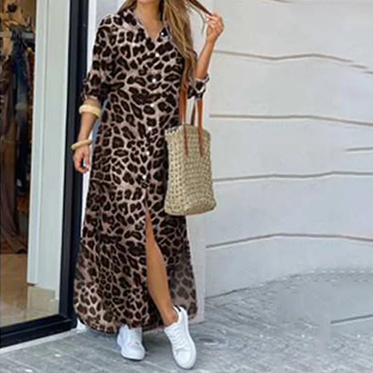 Camouflage Leopard Letters Floral Printed Dresses for Women 2025 Buttons Long Sleeve Loose Split Casual Solid Maxi Dress Robe