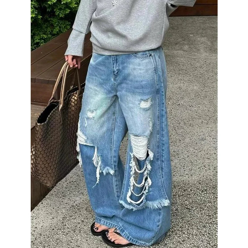 2024 Autumn Trashy Sexy Vintage Ripped Patchwork Loose Fit Jeans Y2K Wide Leg Pants Women's Baggy Hollow Out Denim Trouser