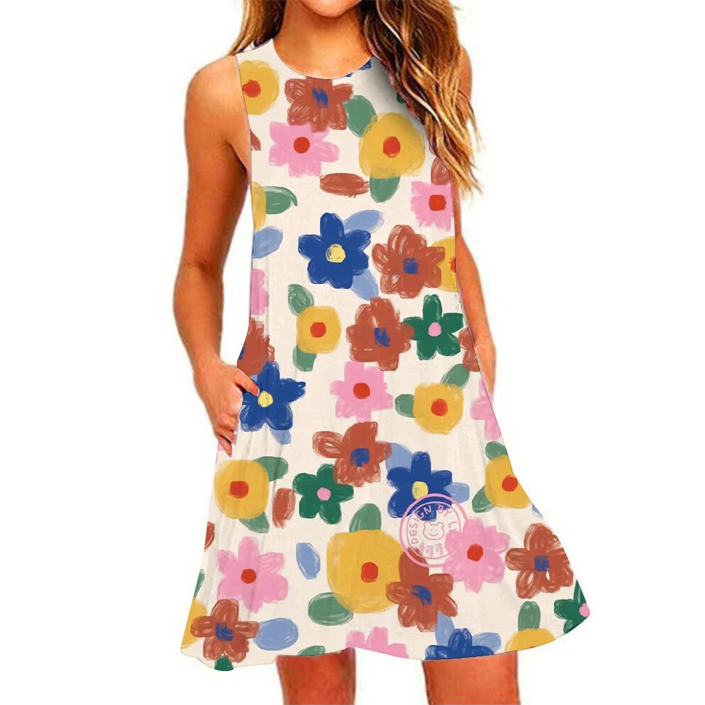 Summer New Women's Dresses Beach Casual Pineapple Printed Sleeveless Short Dress Round Neck Breathable Elastic Short Dresses