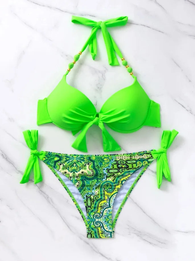 2026 Push Up Halter Bikini Printed Swimsuit Women Sexy Strappy Swimwear Female Bathers Bathing Swimming Swim Suit Beachwear