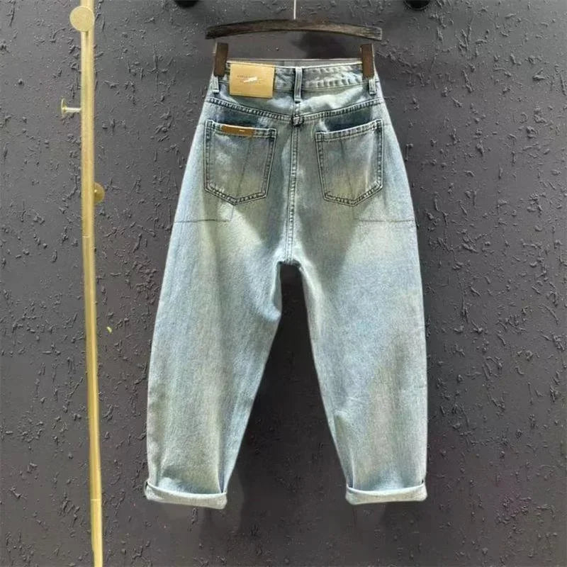 Ethnic Love Embroidered Jeans Women Elastic High Waist Cropped Harem Pants Washed Thin Summer Pants Commuter XT556