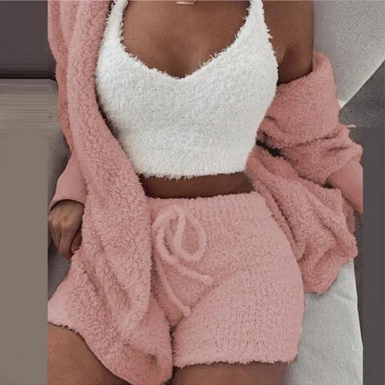 Cozy Knit 3 Pieces Set Fluffy Pajamas Women Casual Sleepwear Tank Top and Shorts Plus Size Hoodie Leisure Homsuit Winter Pijamas