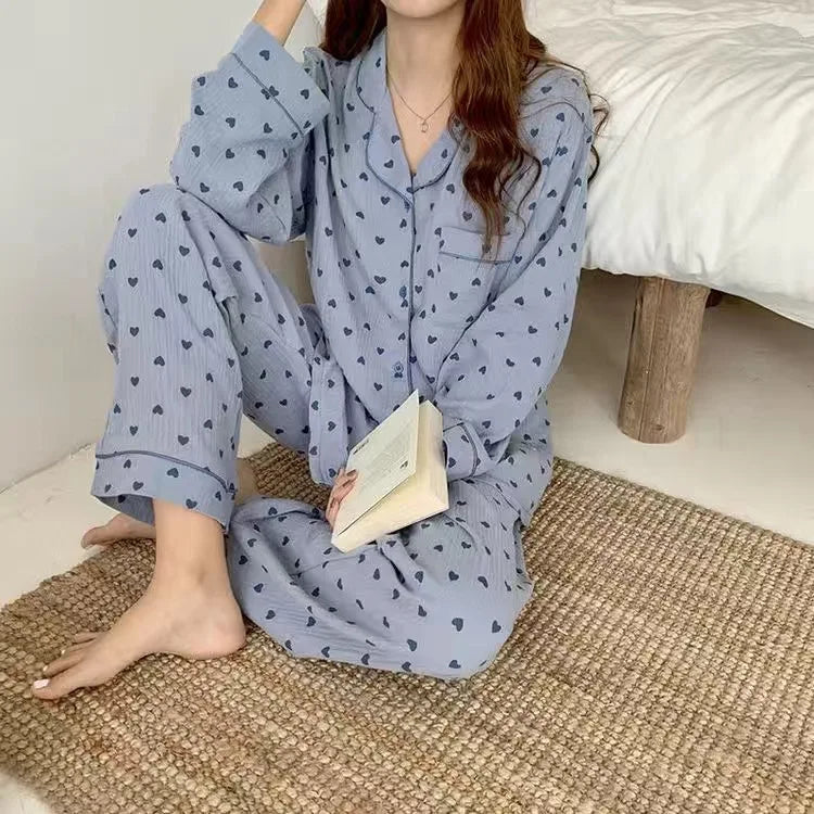 Cotton Women's Pajamas Korean Sleepwear Summer 2021 Pijama Heart Print Pyjamas Short Sleeve 2 Piece Set Suits Loungewear