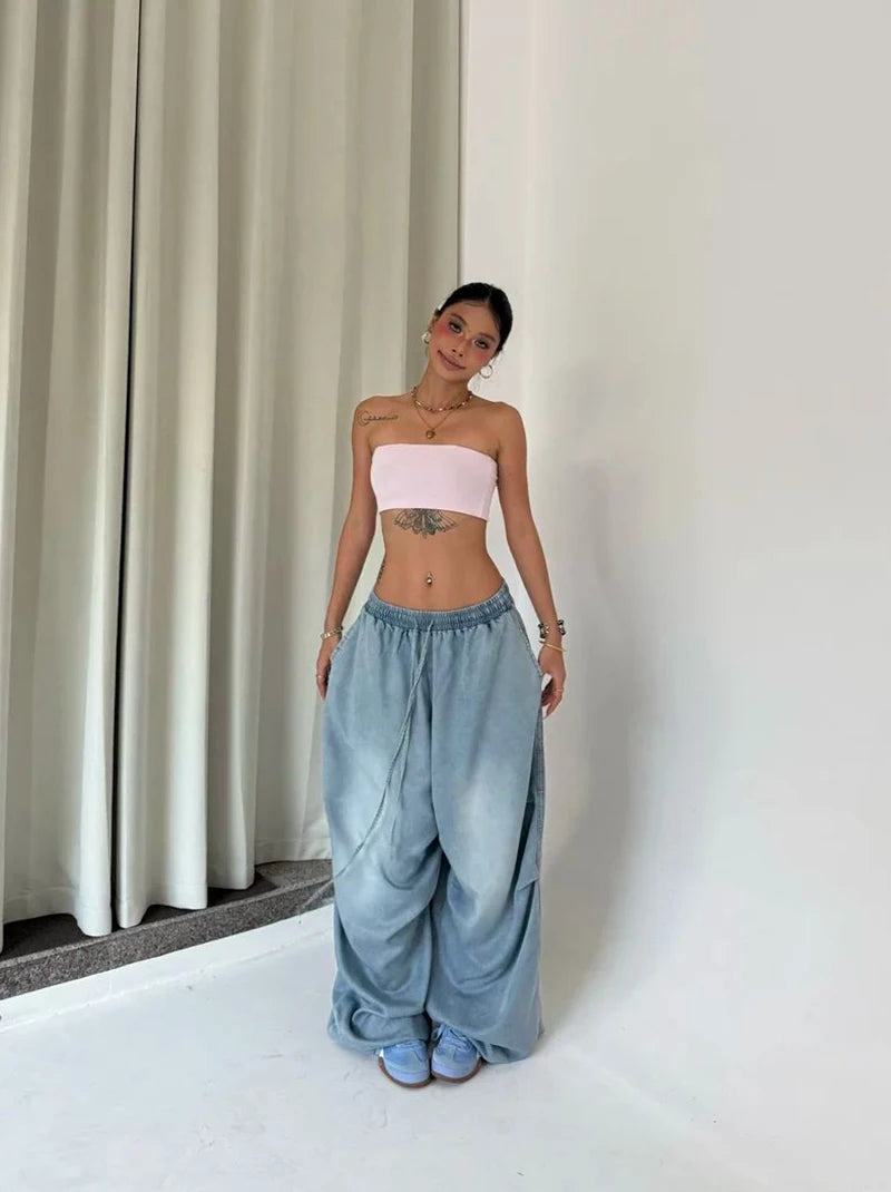 Autumn Oversized Women Wide Leg Jeans Y2K Hip Hop Streetwear Loose Denim Pants High Waist Drawstring All Match Straight Trousers