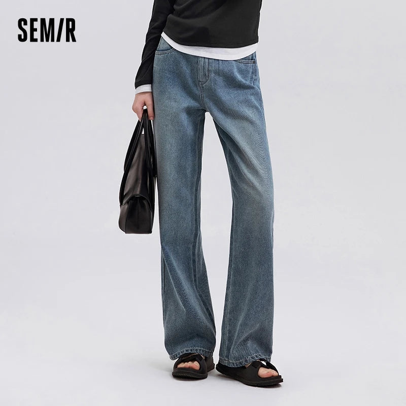 Semir Jeans Women Heightening Pure Cotton Long Trousers Autumn 2024 New Flesh-hiding Wide-leg Trousers