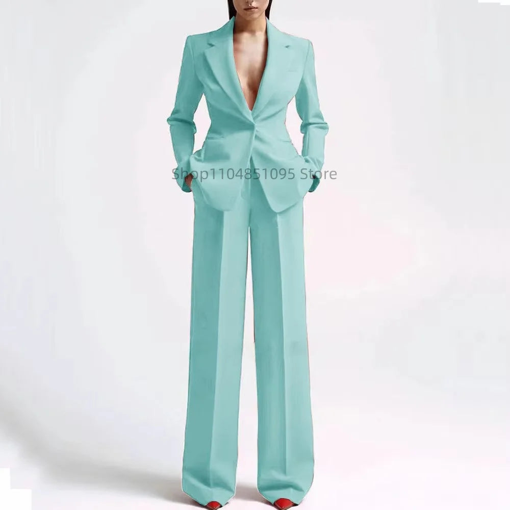 Elegant Solid Women's 2 Piece Suit Lady Business Office Suits Slim Fit One Button Jacket Women Tuxedo Casual Suits(Blazer+Pants)