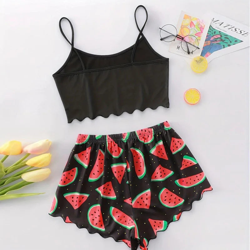 Watermelon Lettuce Women Pajama Set Sleeveless O Neck Crop Top & Elastic Waist Shorts 2 Pieces Female Sleepwear Summer Nightwear