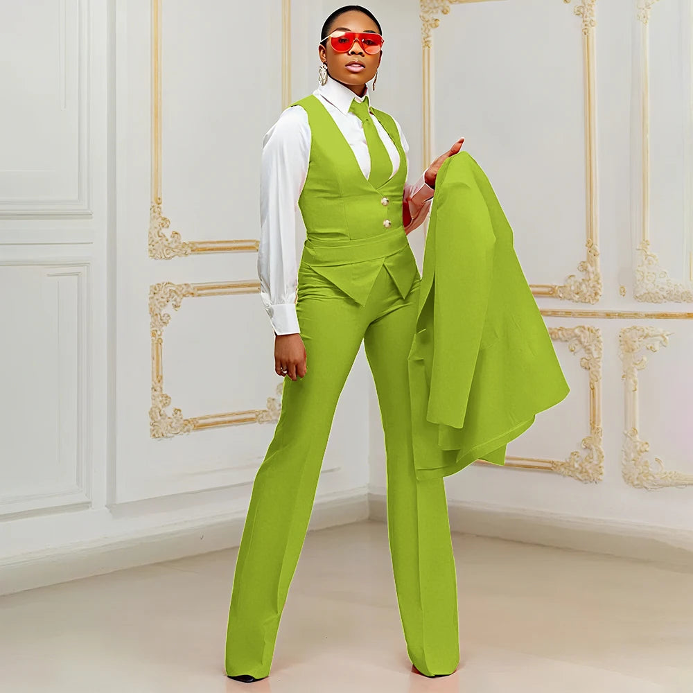 Orange Women's Suits Customized Plus Size Formal Single-breasted Peaked Lapel Three Pieces (Jacket+Pants+Vest) Office Lady Set