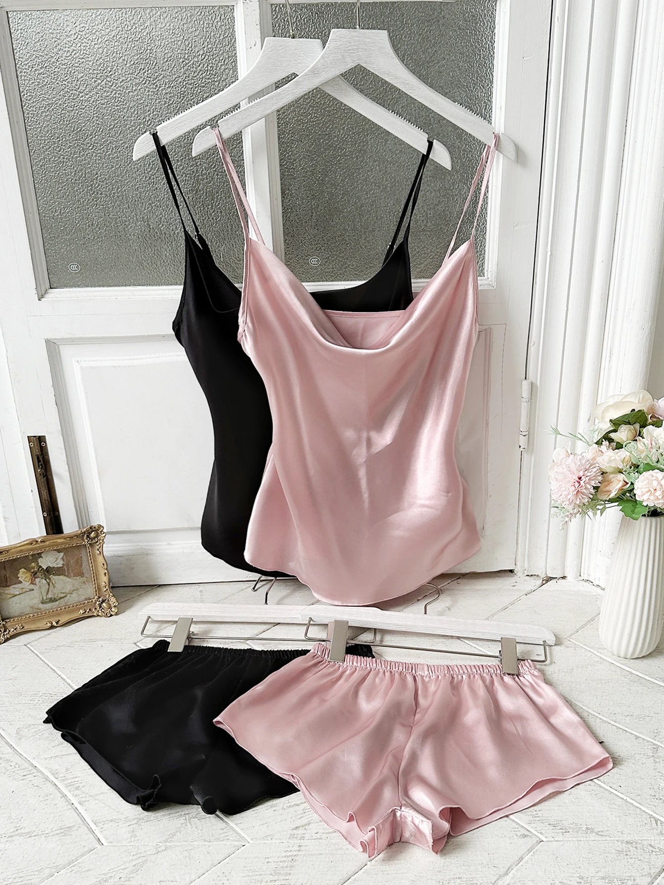 Summer Women's Sexy Solid Satin Pajama Set Top and Shorts soft and comfortable Four piece set