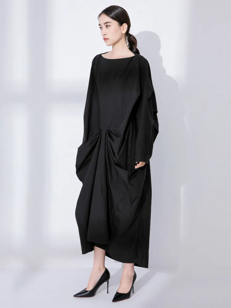 EAM Women Black Big Size Irregular Pleated Dress New Round Neck Long Sleeve Loose Fit Fashion Tide Spring Autumn 2026 31A0020