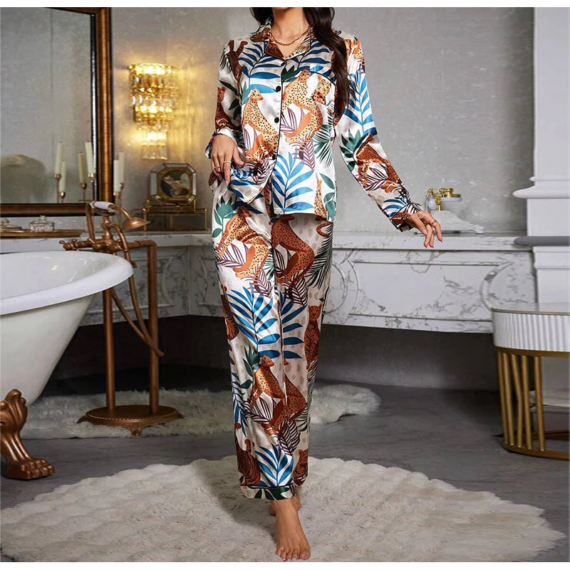 Two piece set of womens pajamas spring and autumn satin printed long sleeved top long pants casual and comfortable home suit set