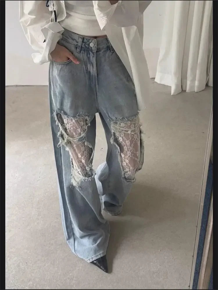 Women High Waist Wide Leg Jeans Summer Patchwork Lace Denim Pants with Large Holes |Retro Casual Trousers for Women