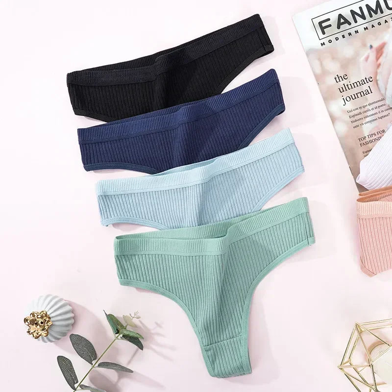 Women's Panties Seamless Ribbed Thongs Low Waist Underpants Comfortable Cotton G-strings Solid Color Underwear Female Lingerie