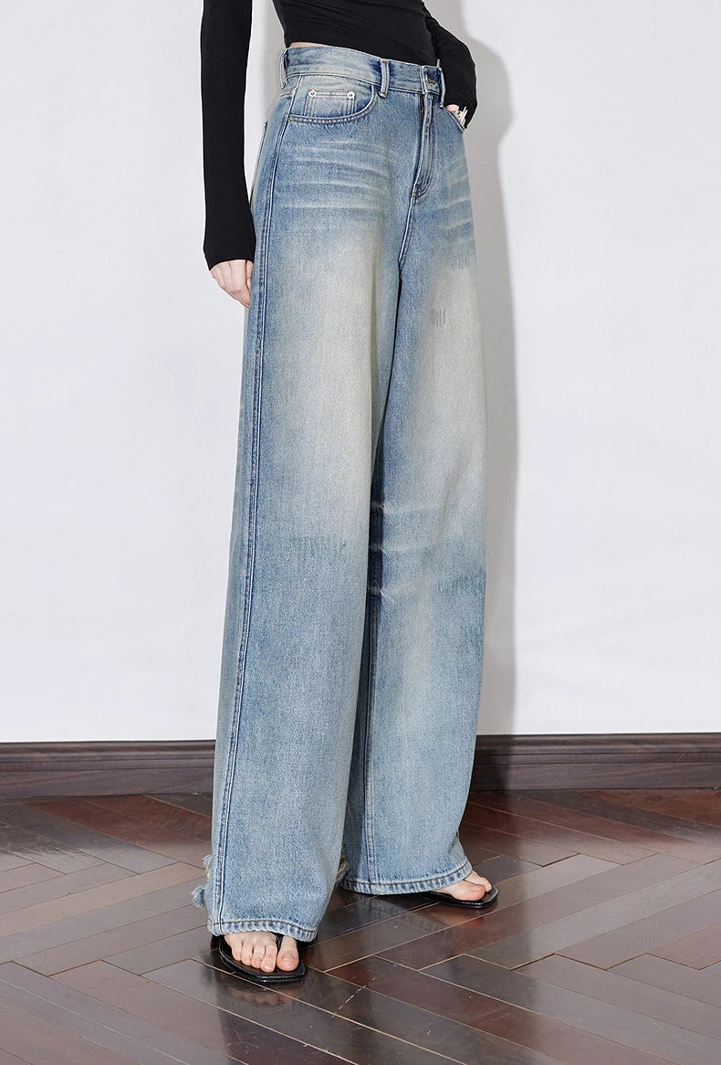 TOYOUTH Women Denim Jeans 2025 Spring New Mid Waist Wide Leg Straight Casual Long Pants