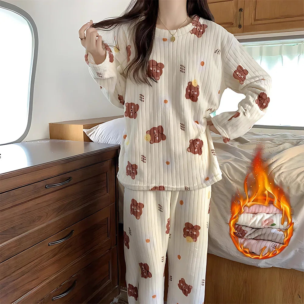 Coral Fleece Women Pajama Set Warm Winter Sleepwear Cozy Loungewear Bear Peach Print Nightwear Christmas Gift for Girls