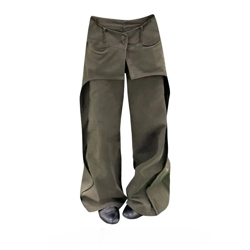 American Fashion Street Wash Retro Fake Two-piece Design Jeans Women's Loose Wide Leg Pants Trendy Female Clothing