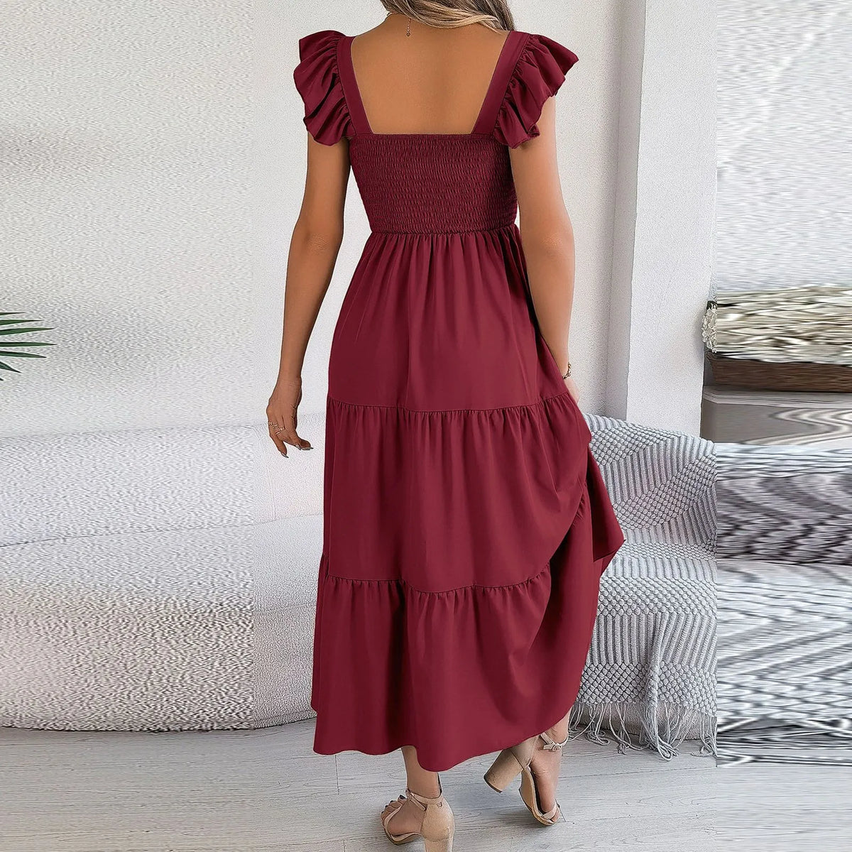 2024 Summer Solid Tank Long Dress For Women Square Collar Sleeveless A-Line Maxi Dress Backless Slim Waist Pleated Beach Dresses