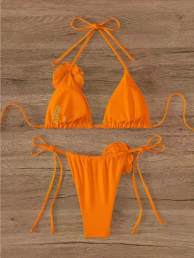 S - L Sexy 3D Flowers Halter Strappy Bikini Women Swimwear Female Swimsuit Two-pieces Bikini Set Bather Bathing Suit Swim