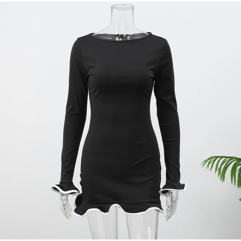 Women Solid Color Ruffles Hem Mini Dress Elegant O Neck Long Sleeve Slim Fit Gown Summer Vacation Holiday Party Dress