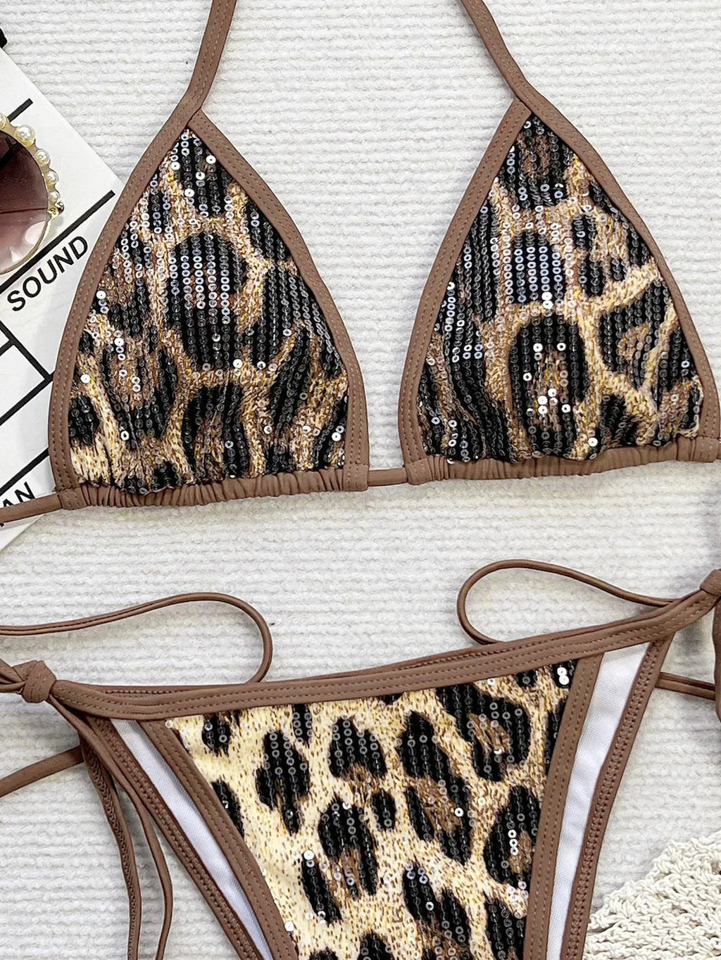 sexy glitter sequine leopard print micro bikinis sets two pieces women halter tie swimsuit bathing suit swimwear beach outfits