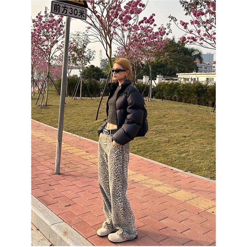 American Retro High Street Casual Overalls Leopard Print Loose Wide Leg Pants For Women Y2k Hip-hop Cargo Grunge Baggy Trousers