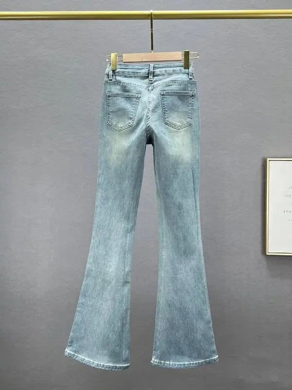 Slim-Fit Denim Micro Flared Pants Female Tide New Fashion Elastic High Waist Rhinestone Button Zipper Temperament Joker Pants