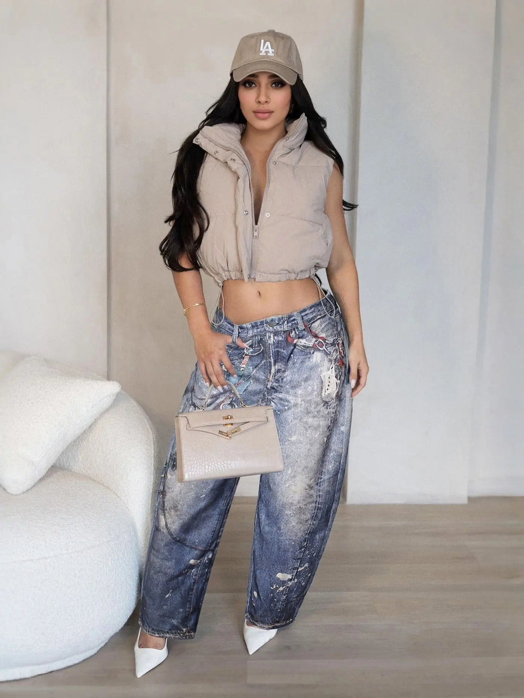 DEAT Fashion 3D Printed Wide Leg Curved Jeans Women's High Waist Loose Blue Streetwear Denim Pants New Tide Summer New 7AB9379