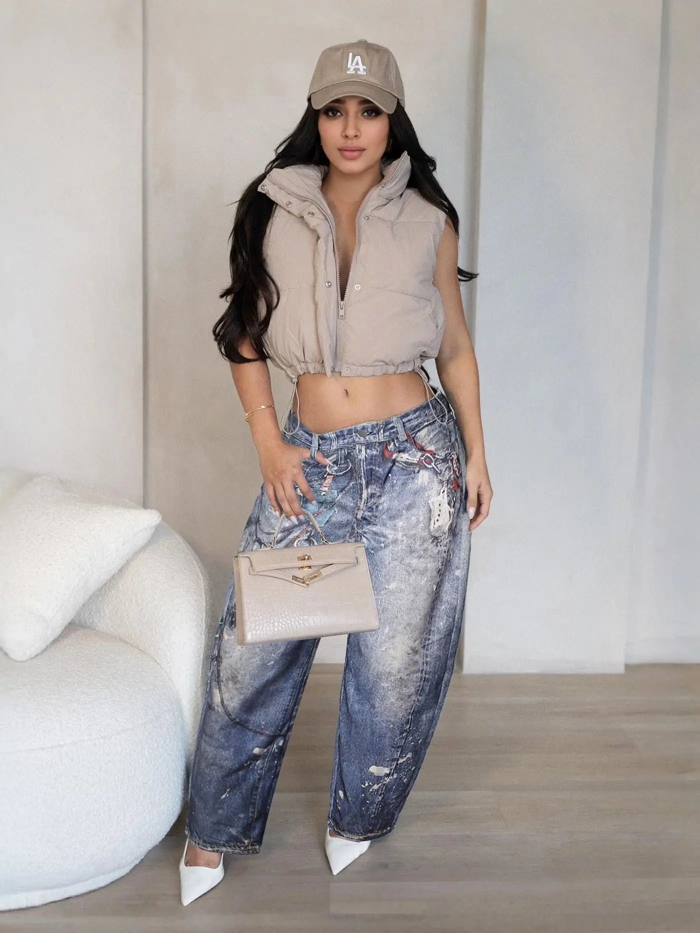 DEAT Fashion 3D Printed Wide Leg Curved Jeans Women's High Waist Loose Blue Streetwear Denim Pants New Tide Summer New 7AB9379