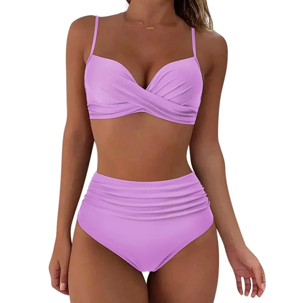 Slimming High Waist Bikini Set Women's Multi-Color Hard Bag Gathered Bikini Ideal for plus Size Swimsuits And Beachwear
