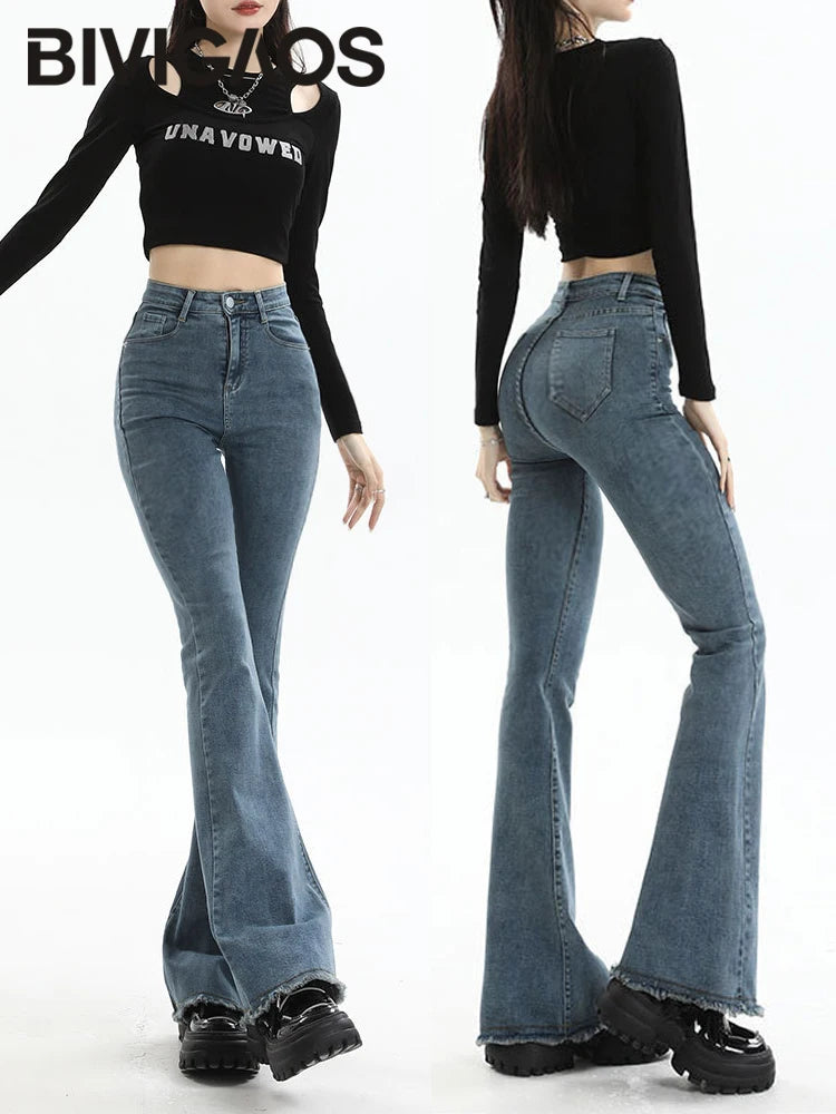 BIVIGAOS 2025 New Autumn Spring Micro Flared Jeans Women High Waist Slim Tight Retro Tassel Hem Stretch Denim Horseshoe Pants
