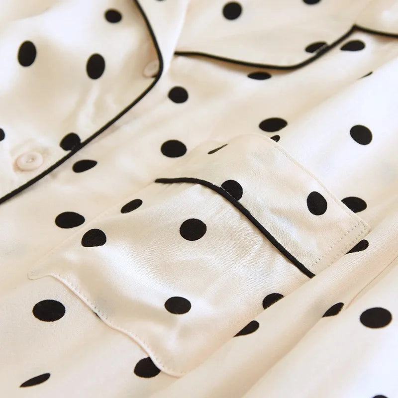 2023 Spring/Summer New Women's Pajama Set Gongsatin Cotton Women's Pajama Silk 100% Viscose Polka Dot Print Sleepwear 2-Piece
