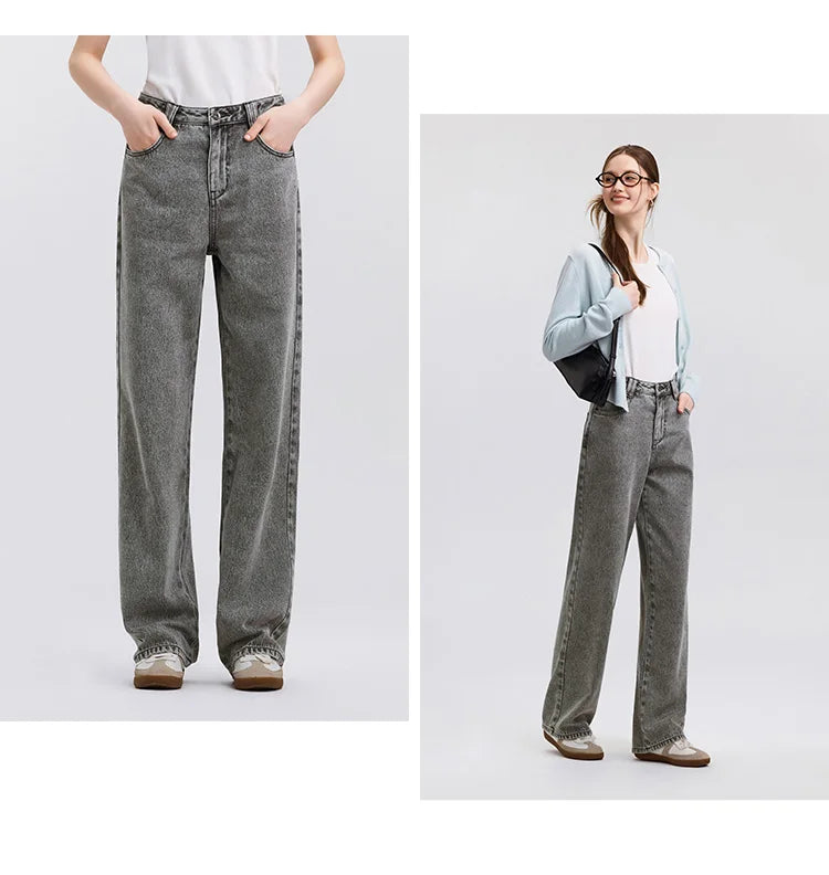 Semir Jeans Women Heightening Pure Cotton Long Trousers Autumn 2024 New Flesh-hiding Wide-leg Trousers