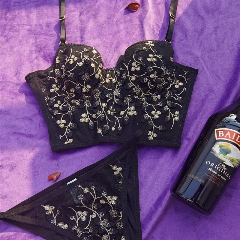 2 Pieces Sexy Lace Flowers Embroidery Underwear Set for Women French Body Shaping Push Up Bra Set Romantic White Lingerie Sets