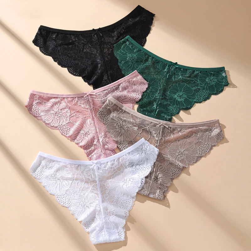 5PCS Women Floral Lace Panties Sexy Perspective Underwear Low Waist Solid Underpants Breathable Intimates Female Lingerie M-XL