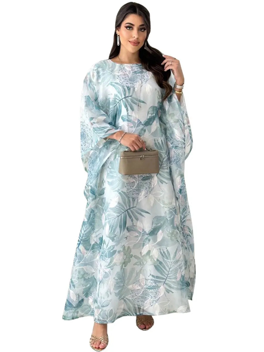 Siskakia Muslim Printing Dress For Woman Batwing Sleeve O-Neck Dubai Abaya Elegant Casual Loose Moroccan Saudi Kaftan Fashion