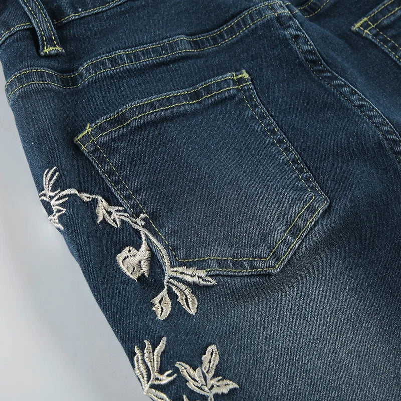 Women Retro Y2k Jeans Baggy Floral Embroidery Jeans Vintage 2000s Low Rise Flared Denim Pants High Street Basic Trousers