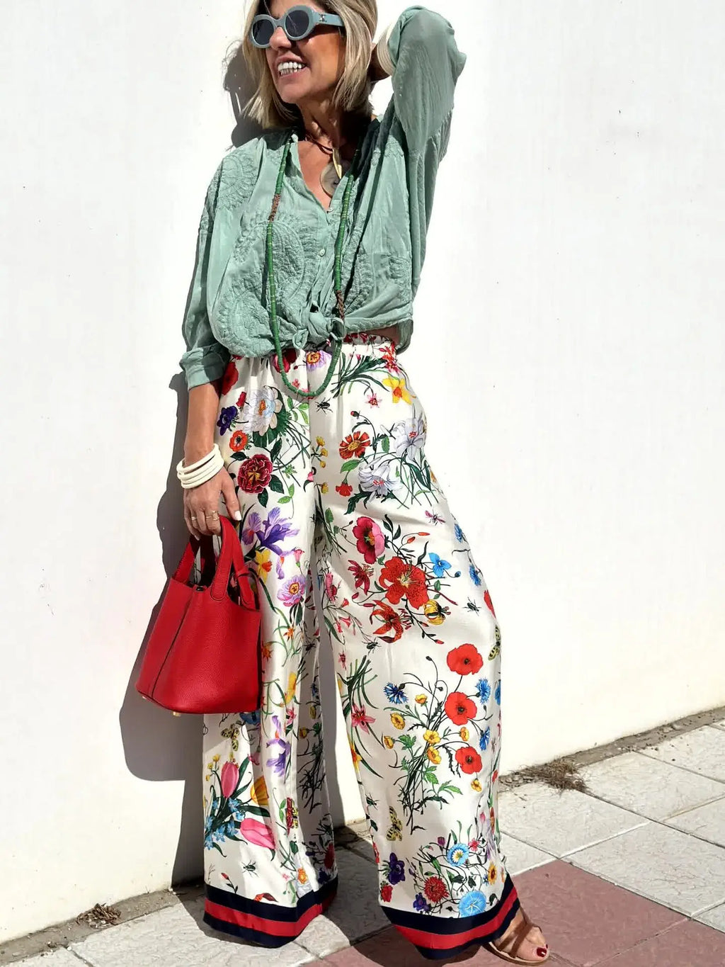 Women's Fall Casual Outfits Floral Print Long Sleeve Button Down Lapel Shirt With Elastic Waist Wide Leg Pants Sets Streetwear