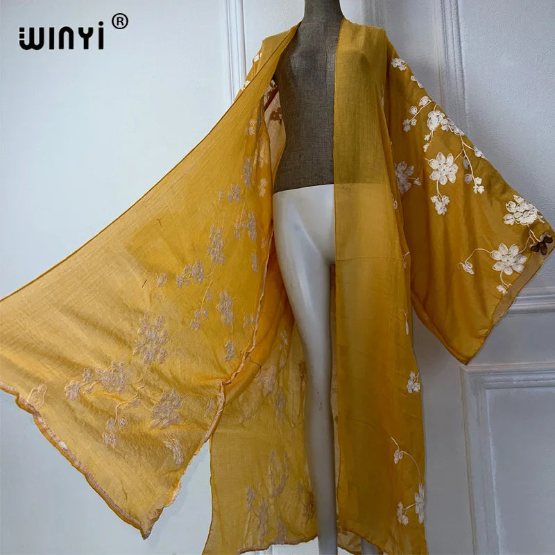 WINYI summer outfit Embroidered elegant cardigan Beach Wear Swim Suit Cover Up Holiday Long Sleeve Kimono beach maxi dress