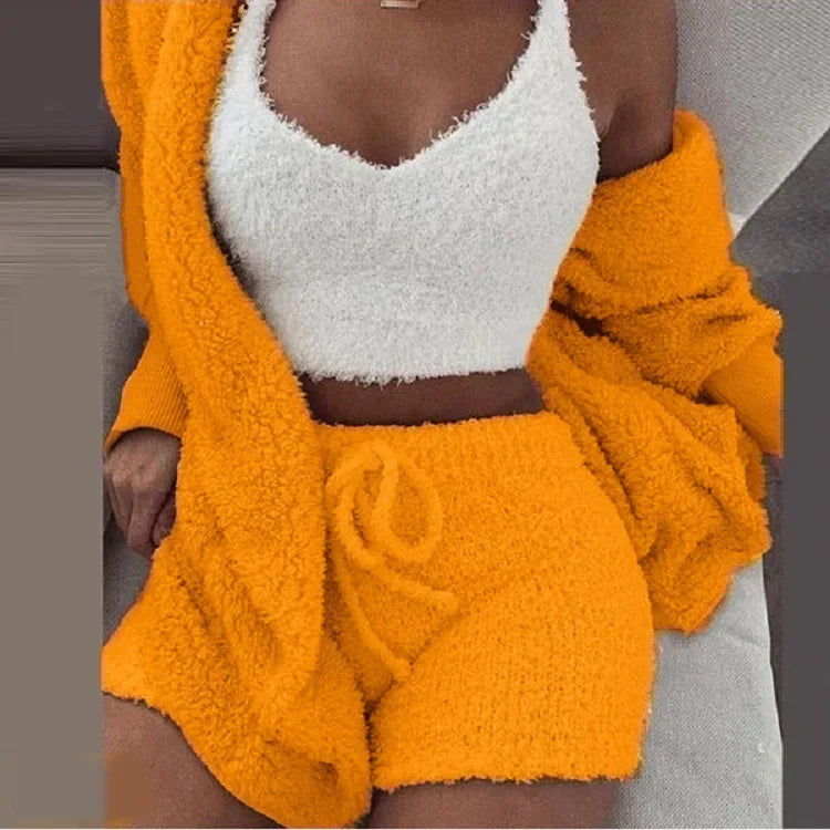 Cozy Knit 3 Pieces Set Fluffy Pajamas Women Casual Sleepwear Tank Top and Shorts Plus Size Hoodie Leisure Homsuit Winter Pijamas