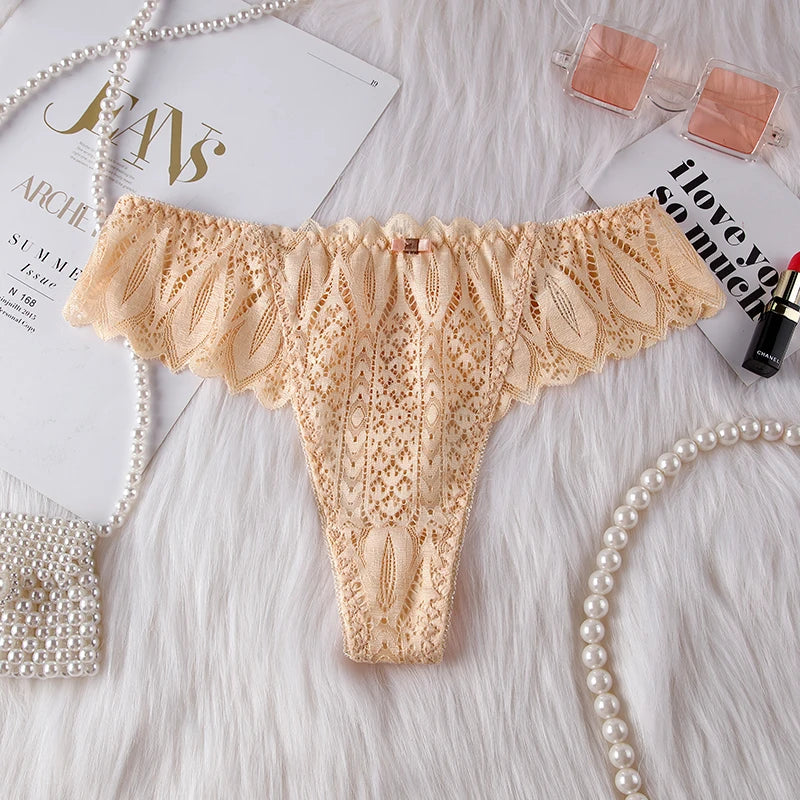 BANNIROU Women's Thongs Underwear Female Intimates T-back G-string Sexy Transparent Lace Low-Rise Panties Lingerie For Woman