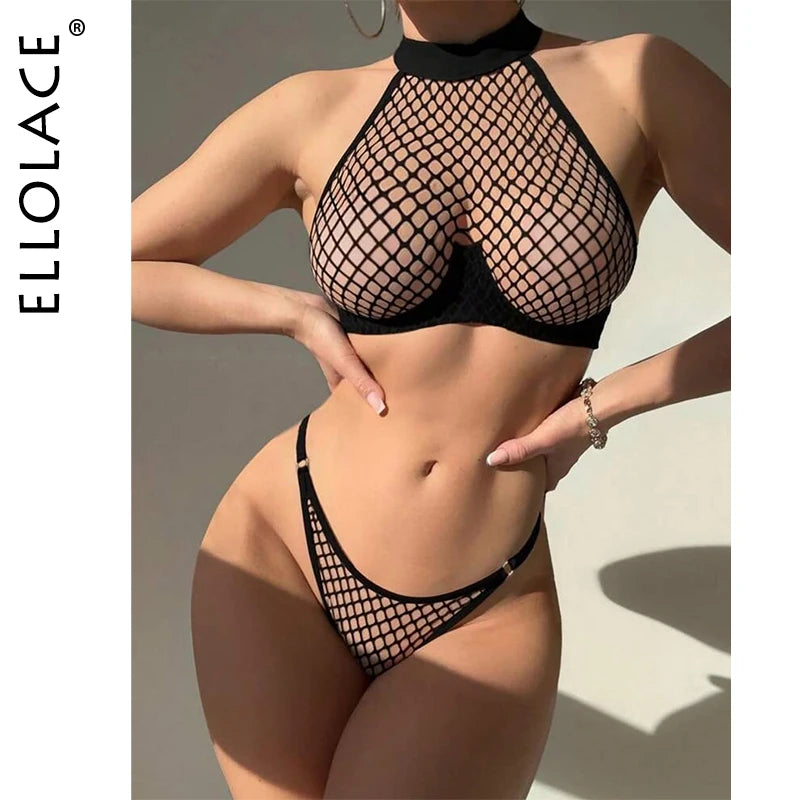 Ellolace Intimate Lingerie Sexy Women Fancy Tank Top Thong 2PC Seductive Hollow Fishnet Party Outfit Hot Girl Backless Underwear