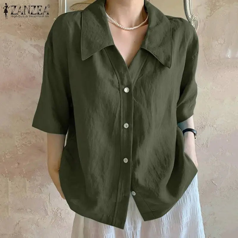 2023 ZANZEA Summer Shirt Women Blouses Turn-Down-Collar 3/4 Sleeved Buttons Up Blouse Loose Tops OL Shirts Solid Blusas Tunic