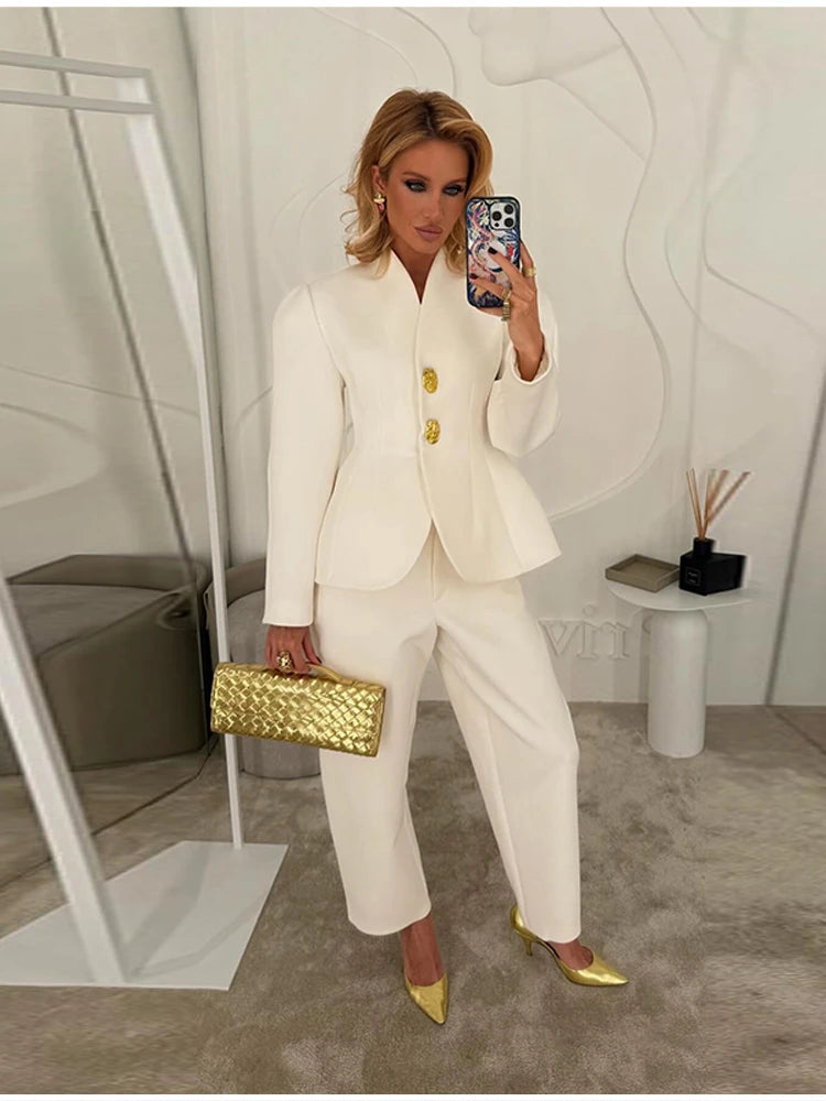 Fashion Solid V-neck Suit Casual Solid Long Sleeves Shoulder Pad Waist-cinching Pant Suit 2025 Autumn  Lady Daily Street Outfit